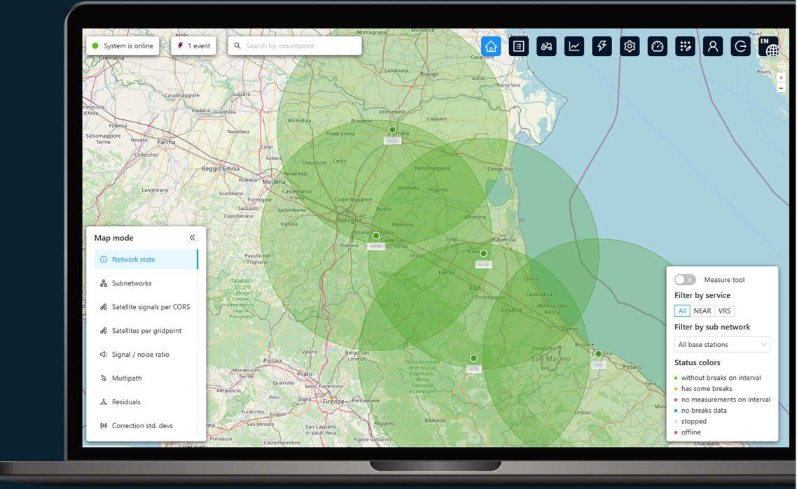 StarCORS network software showing station coverage on a map
